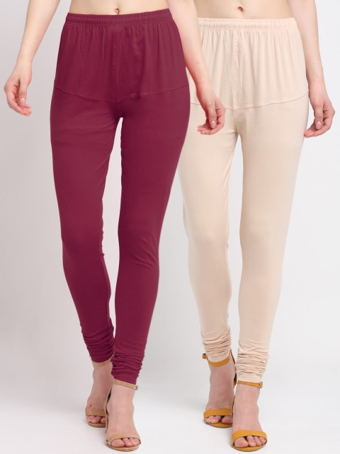 

KLOTTHE Women Pack Of 2 Solid Cotton Churidar-Length Leggings, Maroon