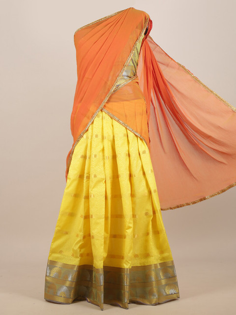 

Pothys Orange & Yellow Ethnic Motifs Zari Half Saree