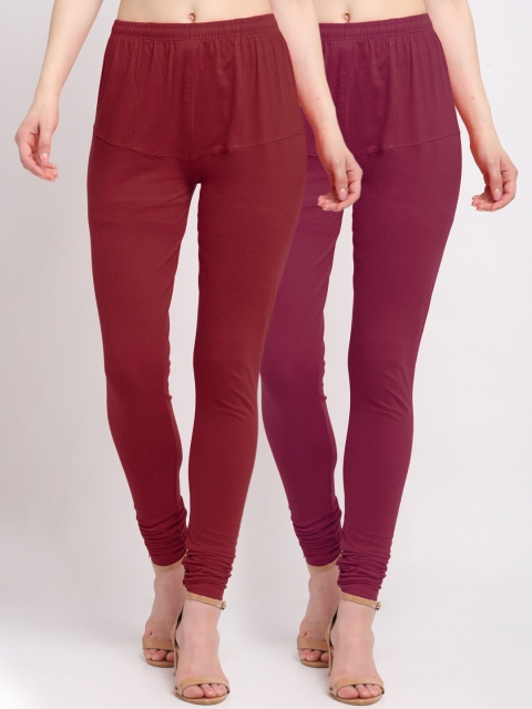 

KLOTTHE Women Pack Of 2 Solid Cotton Churidar-Length Leggings, Maroon