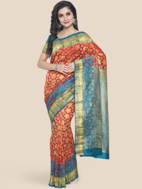 

KLM Fashion Mall Red & Blue Floral Zari Silk Blend Kanjeevaram Saree