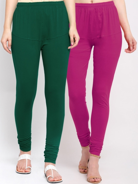 

KLOTTHE Women Pack Of 2 Green & Magenta Solid Churidar-Length Cotton Leggings