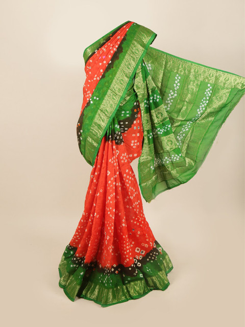 

Pothys Orange & Green Bandhani Zari Art Silk Saree