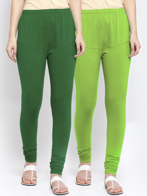 

KLOTTHE Women Pack Of 2 Green Solid Cotton Churidar-Length Leggings