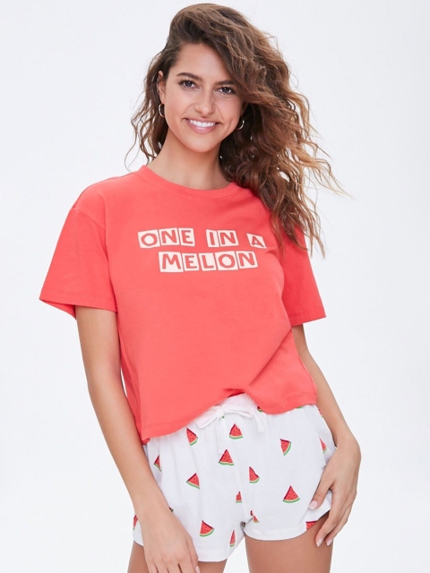 

FOREVER 21 Women Pink & White Printed Night suit