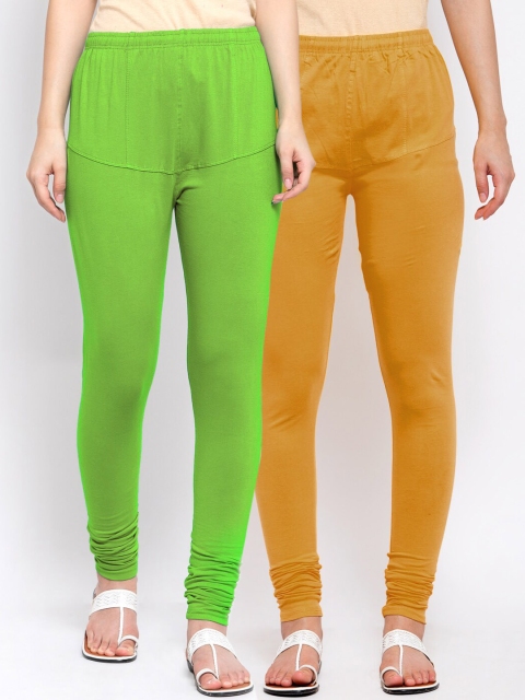 

KLOTTHE Women Pack Of 2 Green & Mustard Yellow Solid Cotton Churidar-Length Leggings