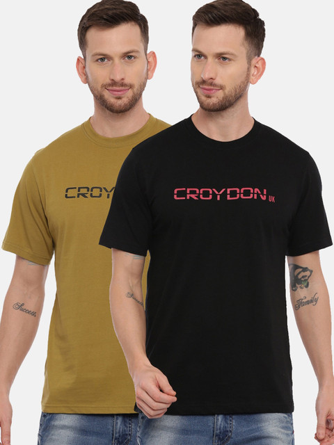 

CROYDON Men Black and Olive Green Pack Of 2 Slim Fit T-shirts