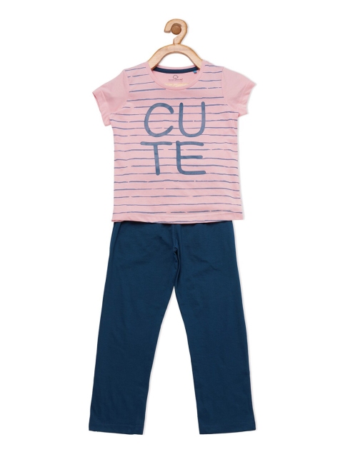 

Sweet Dreams Girls Pink & Navy Blue Striped Night Suit