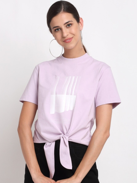 

Bhaane Women Purple Typography Printed Knotted Pure Cotton T-shirt