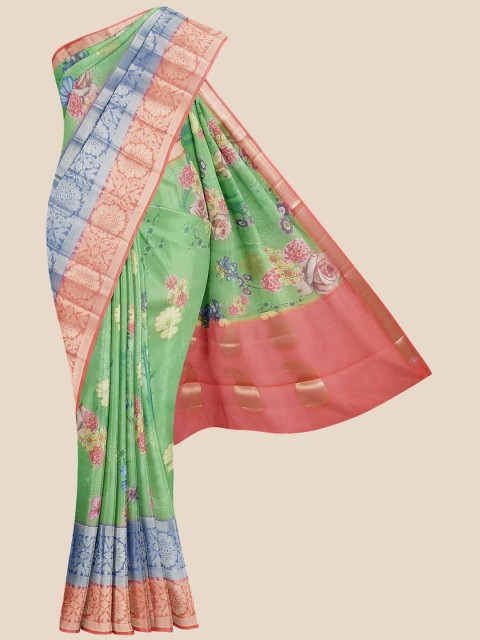 

KLM Fashion Mall Green & Blue Floral Zari Silk Blend Banarasi Saree