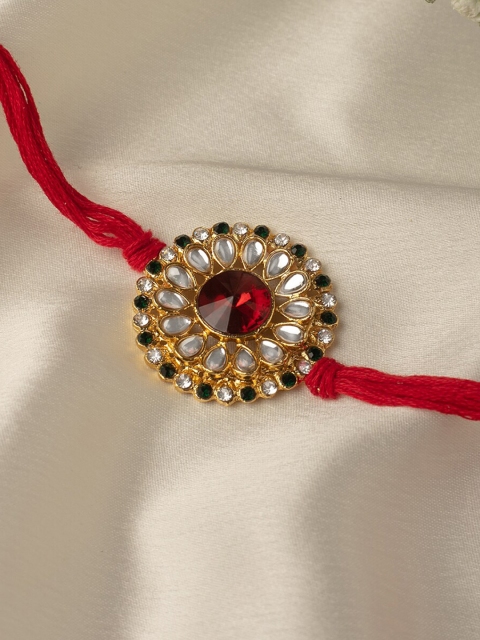 

Zaveri Pearls Mens Red & Green Stones Flower Design Traditional Kundan Rakhi