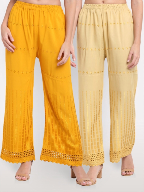 

NEUDIS Women Yellow & Beige 2 Embroidered Ethnic Palazzos