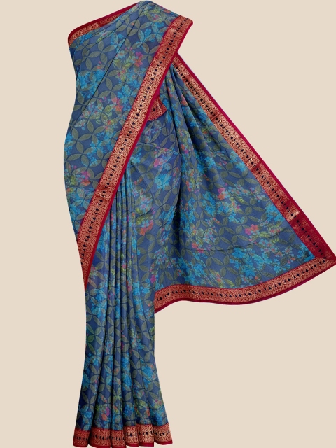 

Kalamandir Blue & Maroon Ethnic Motifs Brasso Saree