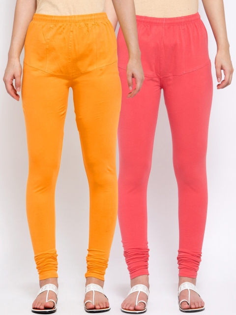 

KLOTTHE Women Pack Of 2 Solid Churidar-Length Cotton Leggings, Orange