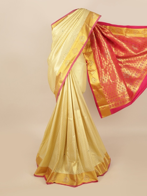 

Pothys Cream-Coloured & Pink Ethnic Motifs Stone Work Detail Saree