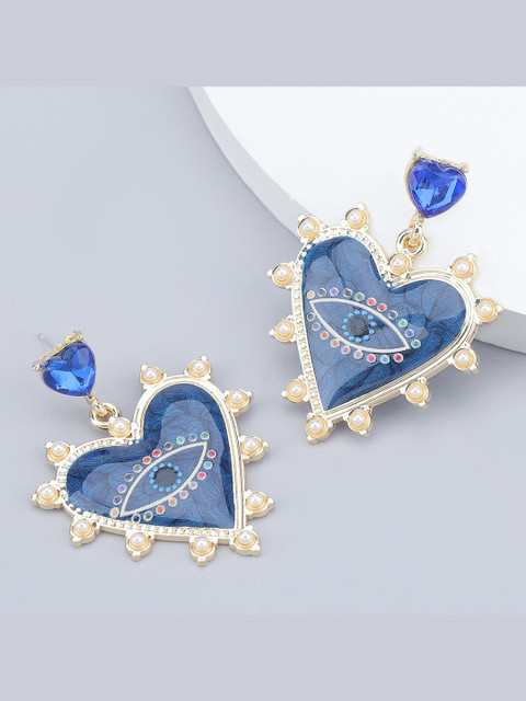 

YoungWildFree Gold-Plated & Blue Rhinestone Contemporary Drop Earrings