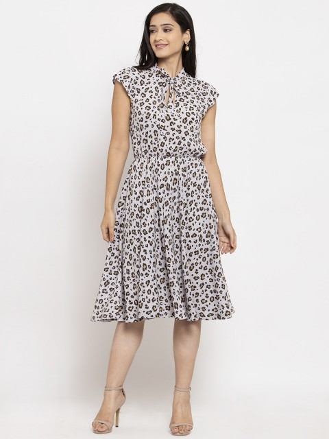 

Just Wow Grey Animal Printed Tie-Up Neck Dress