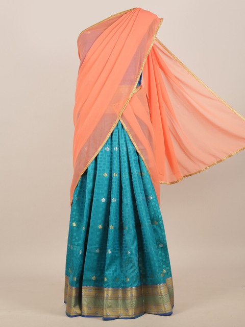 

Pothys Peach-Coloured & Blue Checked Zari Half and Half Saree
