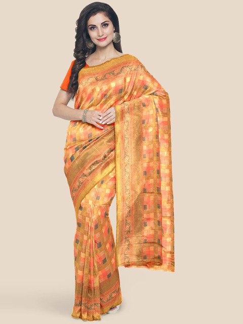 

Kalamandir Orange & Blue Checked Brasso Saree