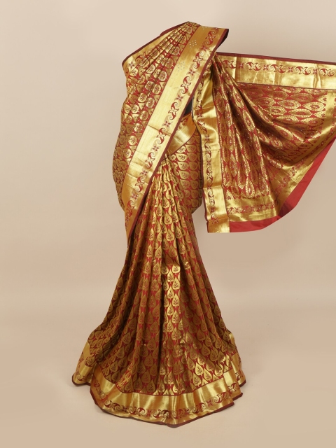 

Pothys Rust Red & Golden Ethnic Motifs Zari & Stone Work Detail Saree