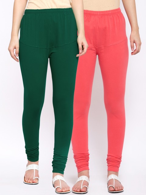 

KLOTTHE Women Pack Of 2 Solid Cotton Churidar-Length Leggings, Green