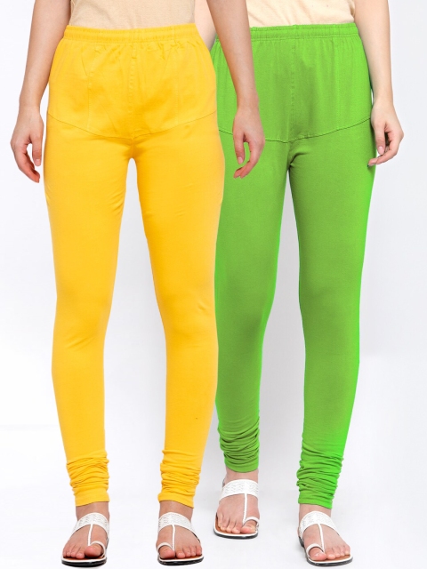 

KLOTTHE Women Pack Of 2 Solid Churidar-Length Cotton Leggings, Green