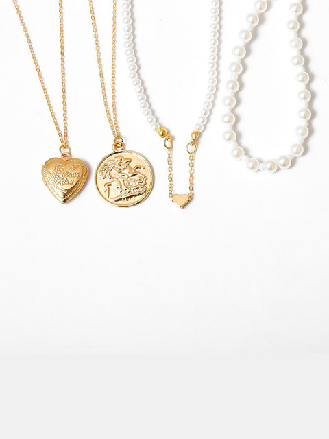 

YoungWildFree Gold-Toned & White Set of 4 Brass Gold-Plated Layered Chain