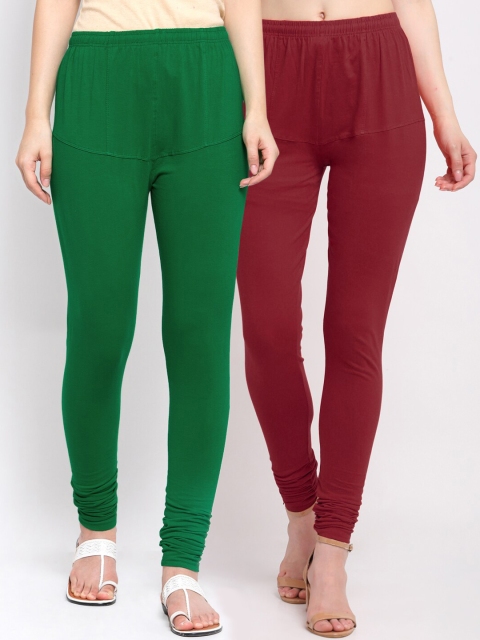 

KLOTTHE Women Pack of 2 Solid Cotton Churidar-Length Leggings, Maroon