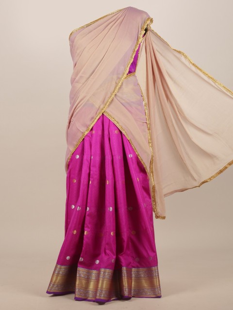 

Pothys Cream-Coloured & Magenta Ethnic Motifs Zari Half and Half Saree