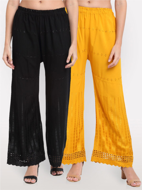 

NEUDIS Women Black & Yellow 2 Floral Embroidered Ethnic Palazzos