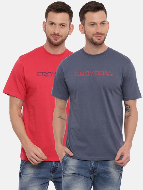 

CROYDON Men Pack Of 2 Pink Grey Typography Printed Cotton Pure Cotton T-shirts