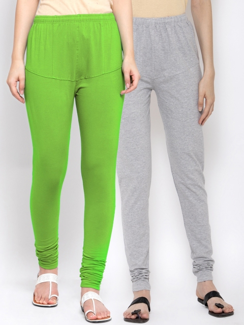 

KLOTTHE Women Pack Of 2 Solid Churidar-Length Cotton Leggings, Green