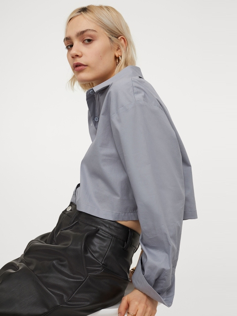 

H&M Women Grey Cropped Cotton Shirt