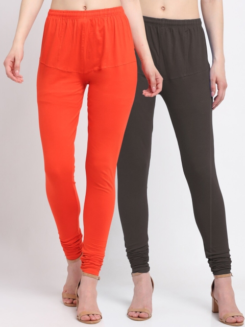 

KLOTTHE Women Pack of 2 Brown & Orange Solid Cotton Churidar-Length Leggings