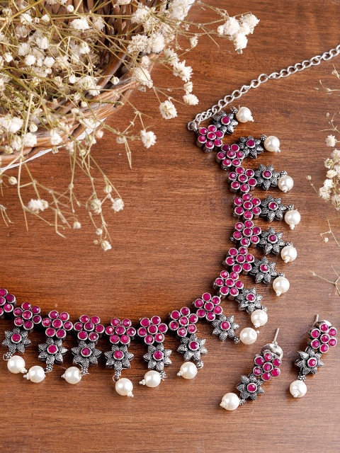 

TEEJH Oxidised Silver-Plated Pink Artificial Stones-Studded Swara Jewellery Set