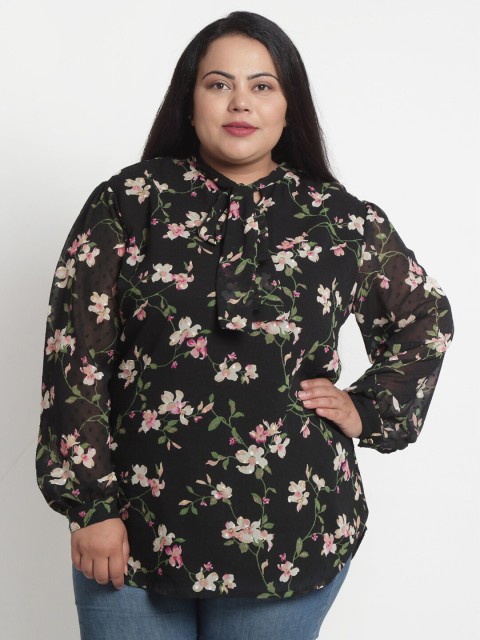 

sindrellastorie Black & Pink Floral Tie-Up Neck Georgette Regular Top