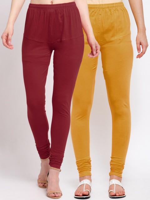 

KLOTTHE Women Pack Of 2 Maroon & Mustard Yellow Solid Churidar-Length Cotton Leggings