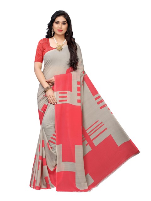 

KALINI Grey & Orange Abstract Printed Saree