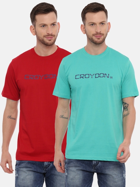 

CROYDON Men Pack Of 2 Maroon Green Typography Printed Cotton Pure Cotton T-shirts