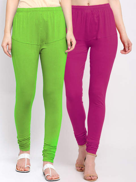

KLOTTHE Women Pack Of 2 Green & Magenta Solid Cotton Churidar-Length Leggings