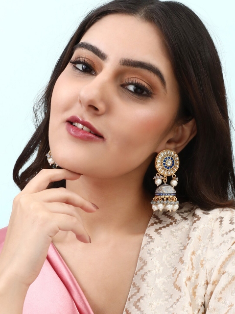 

Rubans Women Gold-Toned & Blue Contemporary Kundan Enamel with Pearls Jhumkas Earrings