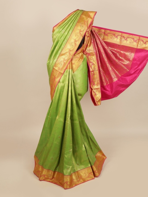 

Pothys Green & Gold Ethnic Motifs Zari Woven Design & Stone Work Detail Silk Blend Saree