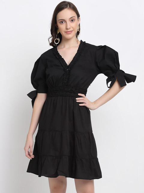 

DIVA WALK EXCLUSIVE Women Black Solid Tiered Fit and Flare Dress