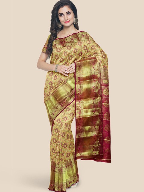 

KLM Fashion Mall Green & Pink Woven Design Silk Blend Kanjeevaram Saree