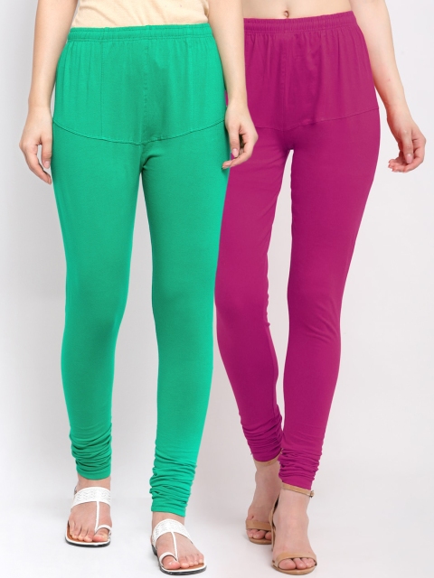 

KLOTTHE Women Pack Of 2 Solid Cotton Churidar-Length Leggings, Sea green