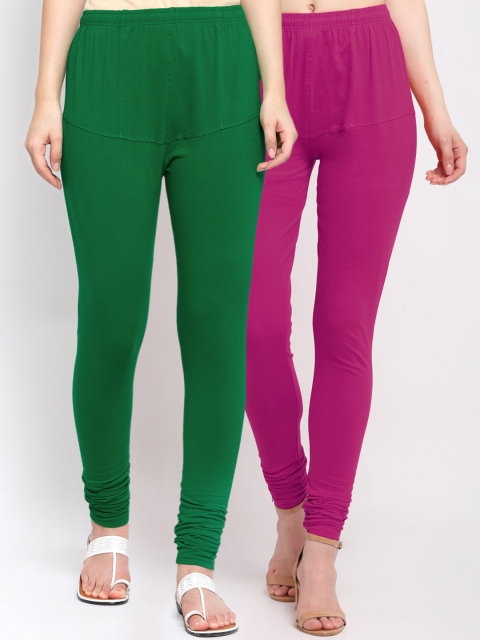 

KLOTTHE Women Pack Of 2 Solid Cotton Churidar-Length Leggings, Green