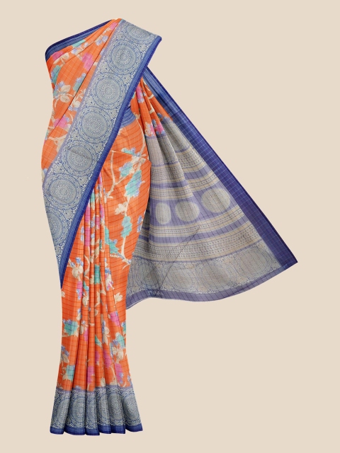 

Kalamandir Orange & Blue Floral Print Zari Saree