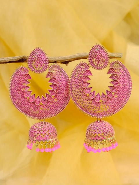 

Crunchy Fashion Pink Gold-Toned Artificial Stone Studded Chandbali Jhumka Earrings