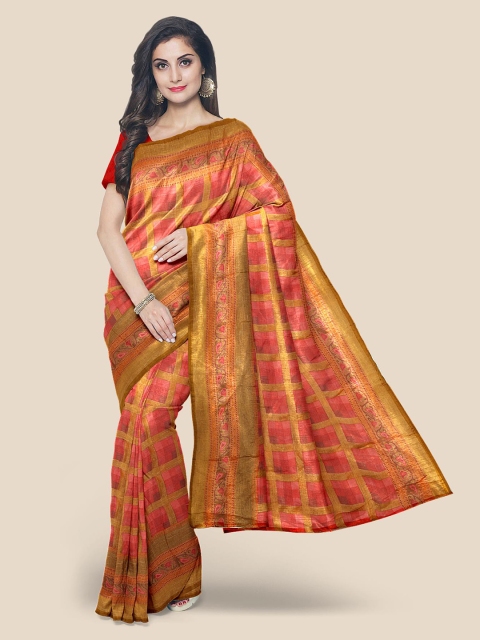

Kalamandir Women Orange & Red Checked Brasso Saree