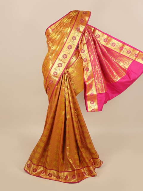 

Pothys Orange & Pink Floral Zari Woven Design & Stone Work Detail Silk Blend Saree