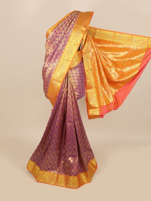 

Pothys Purple & Gold Ethnic Motifs Zari Woven Design & Stone Work Detail Silk Blend Saree